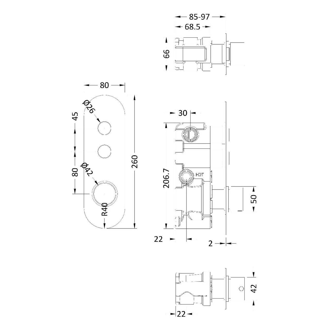Nuie Round Polished Chrome Concealed Push Button Shower Valve With 2 Outlet - CPB8311 - Image 2