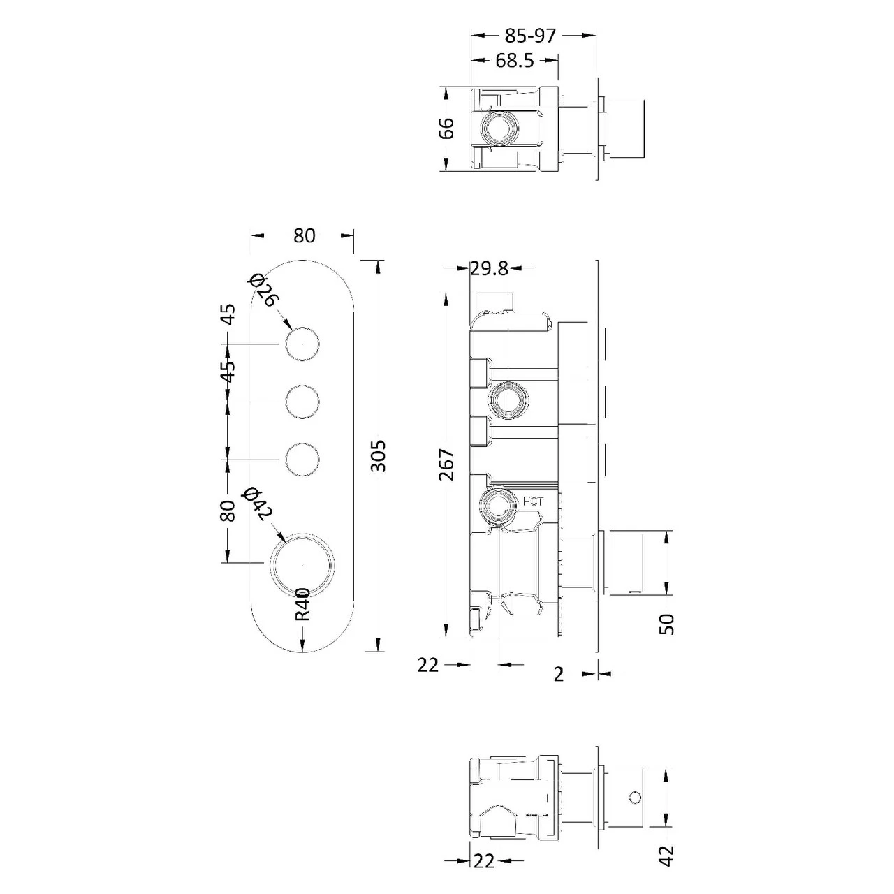 Nuie Round Polished Chrome Concealed Push Button Shower Valve With 3 Outlet - CPB8312 - Image 2