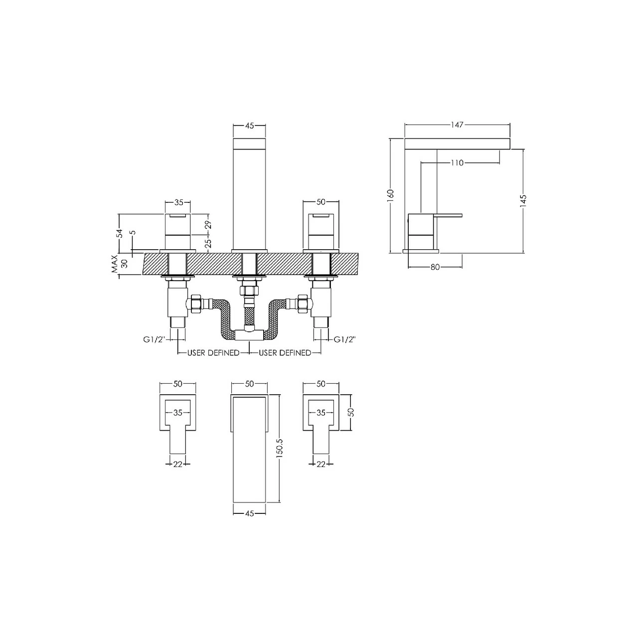 Nuie Sanford Polished Chrome Deck Mounted 3 Tap Hole Basin Mixer With Pop-up Waste - SAN337 - Image 2