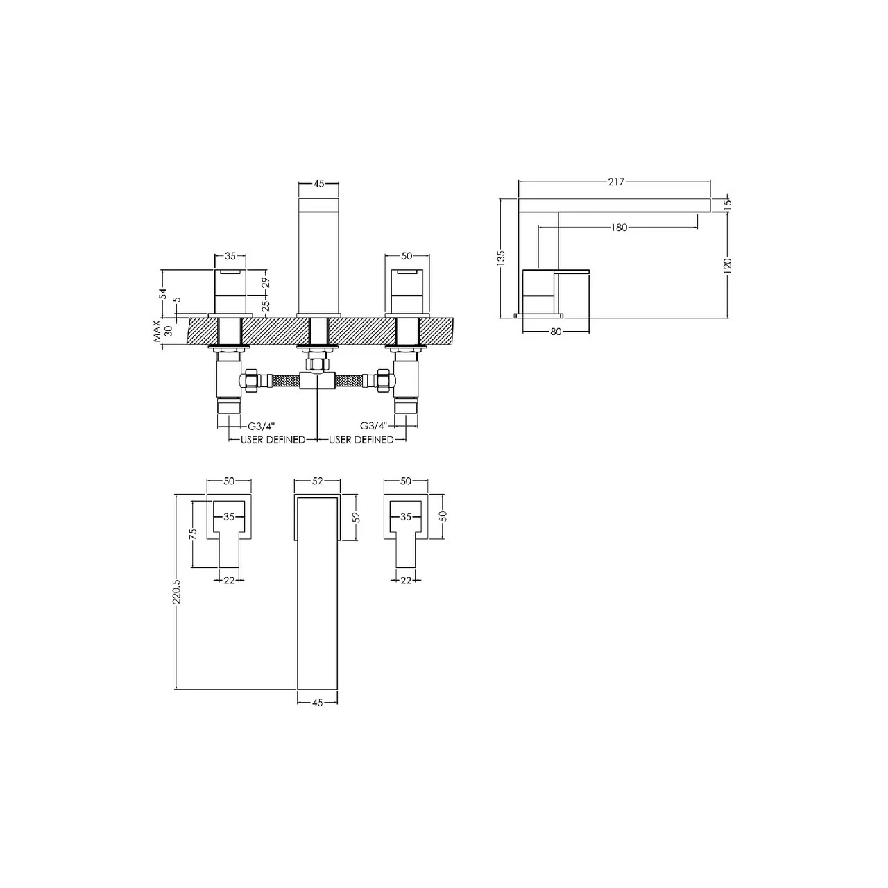 Nuie Sanford Polished Chrome Deck Mounted 3 Tap Hole Bath Filler - SAN333 - Image 2