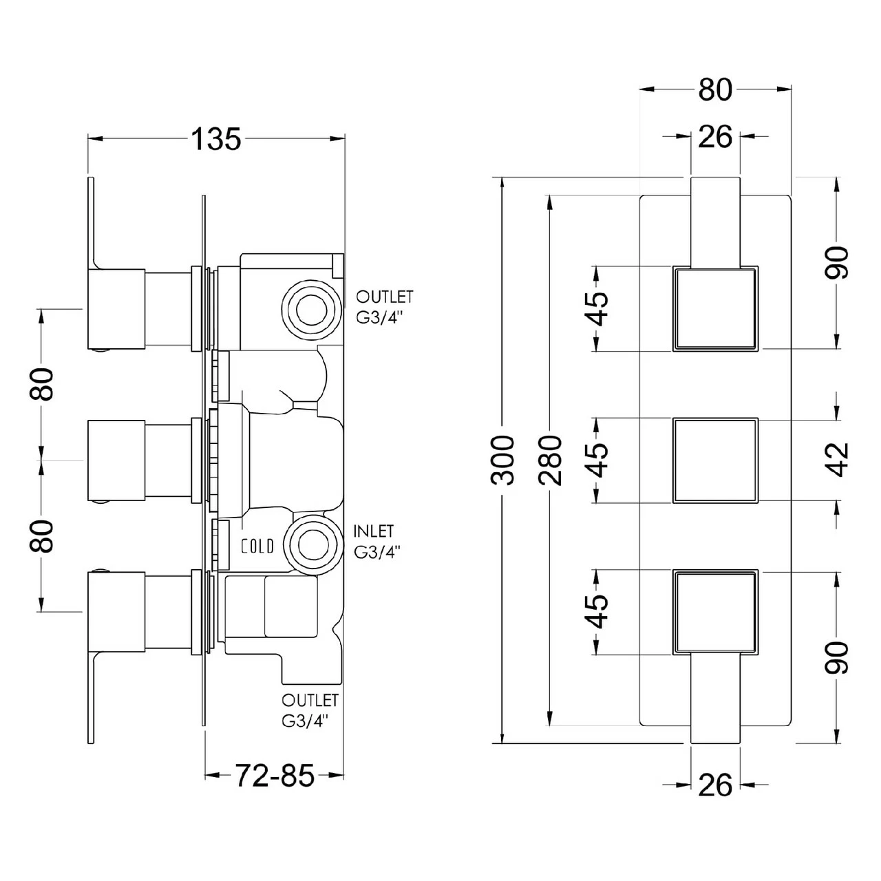 Nuie Sanford Polished Chrome Triple Concealed Thermostatic Shower Valve With Diverter - SANTR03 - Image 2