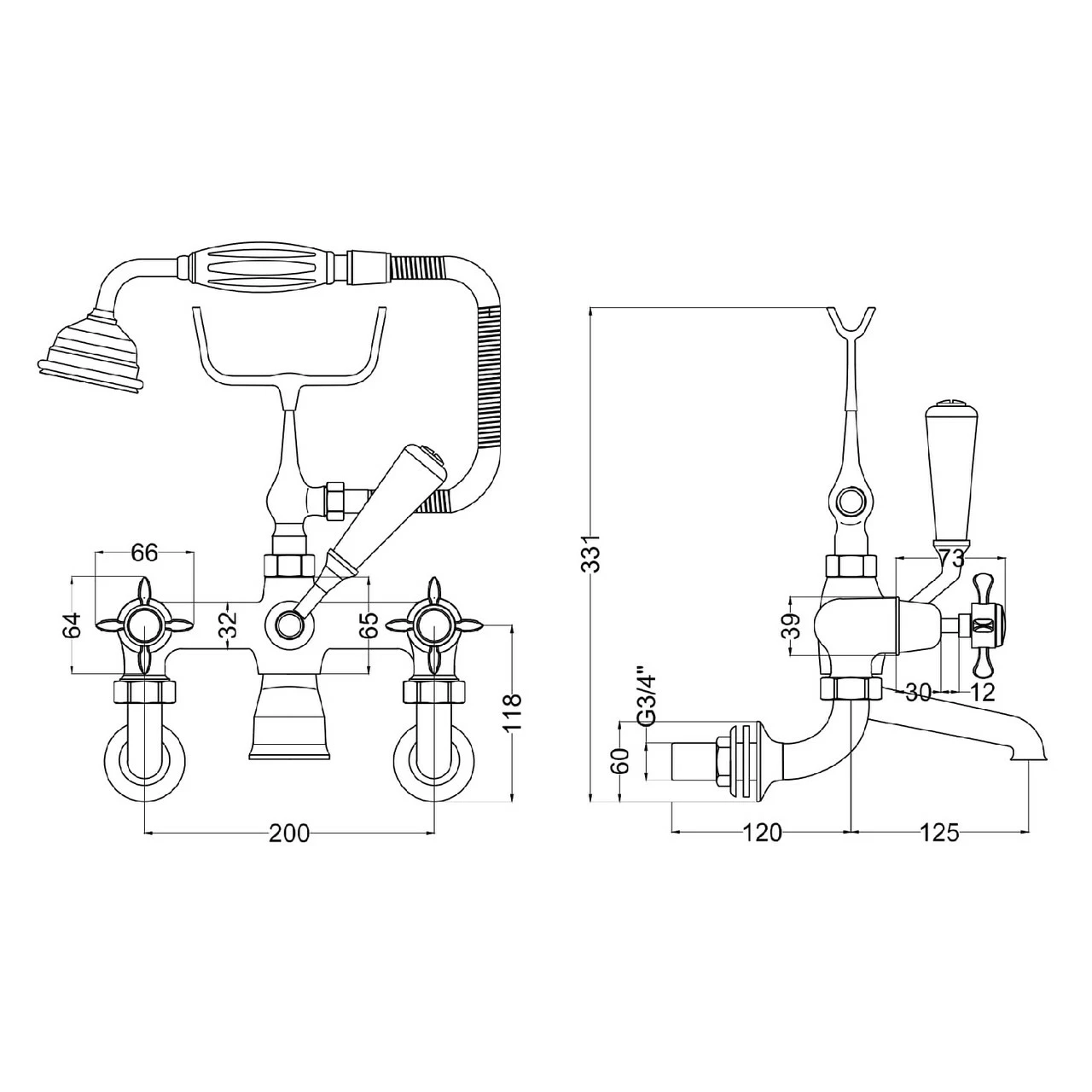 Nuie Selby Polished Chrome Wall Mounted Traditional Crosshead Bath Shower Mixer Tap With Kit - SEL314DX - Image 2