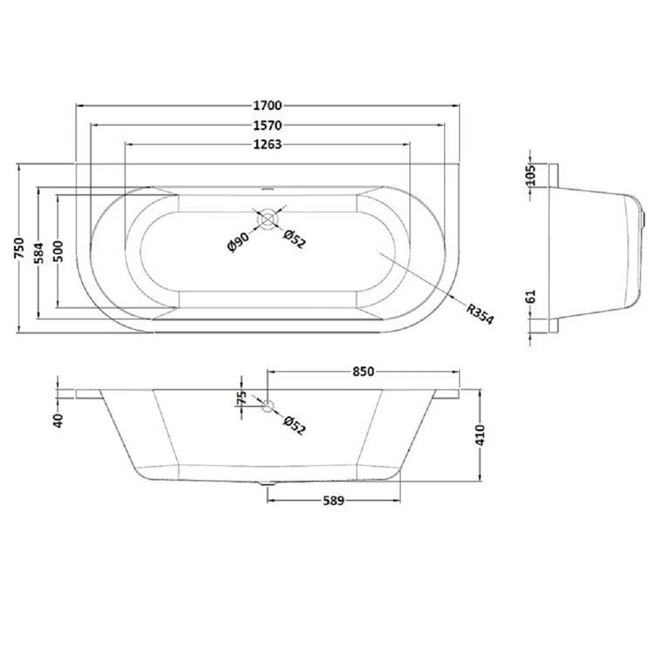Nuie Shingle 1700mm Double Ended Back To Wall Bath And Bath Panel - BSG003 - Image 3