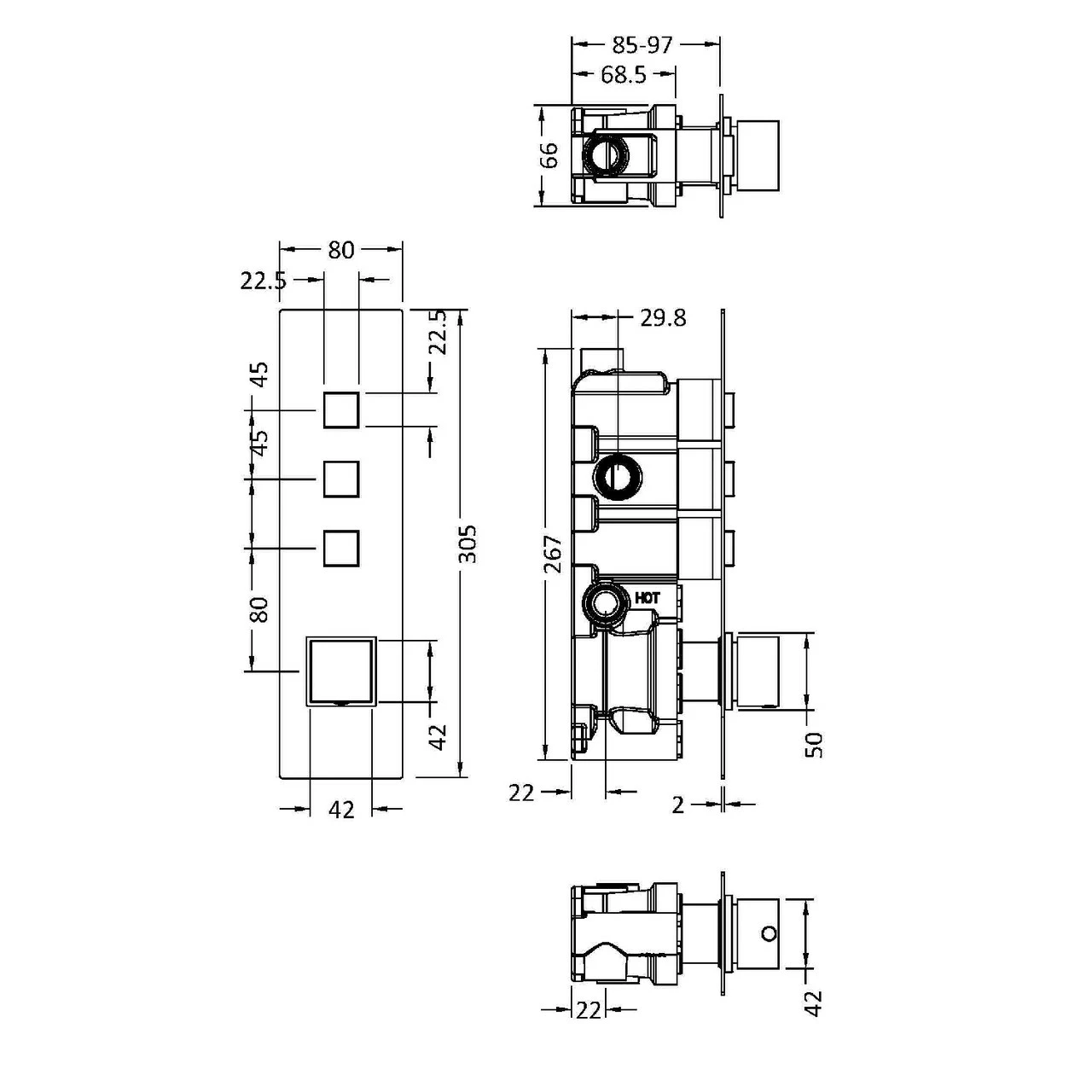 Nuie Square Polished Chrome Concealed Push Button Shower Valve With 3 Outlet - CPB7312 4 Nuie Square Polished Chrome Concealed Push Button Shower Valve With 3 Outlet - CPB7312 - Image 2