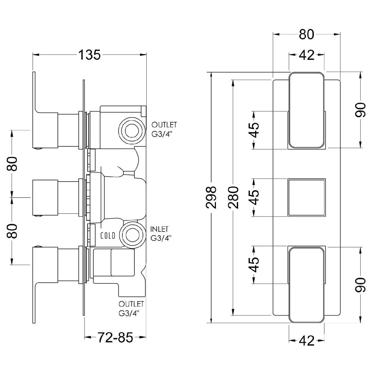 Nuie Windon Brushed Gunmetal Triple Concealed Thermostatic Shower Valve With Diverter - WIN7TR03 4 Nuie Windon Brushed Gunmetal Triple Concealed Thermostatic Shower Valve With Diverter - WIN7TR03 - Image 2