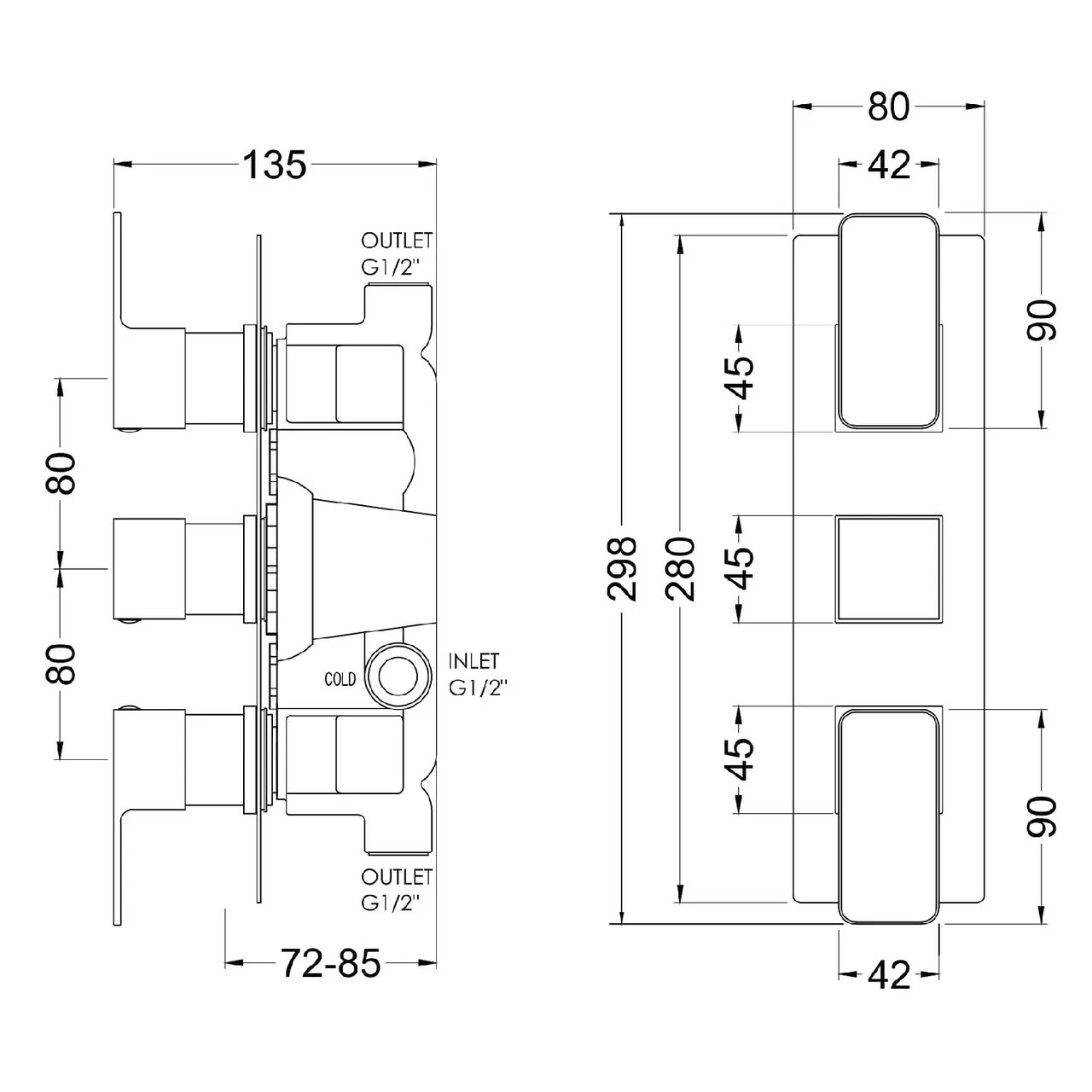 Nuie Windon Matt Black Triple Concealed Thermostatic Shower Valve - WIN4TR02 - Image 2