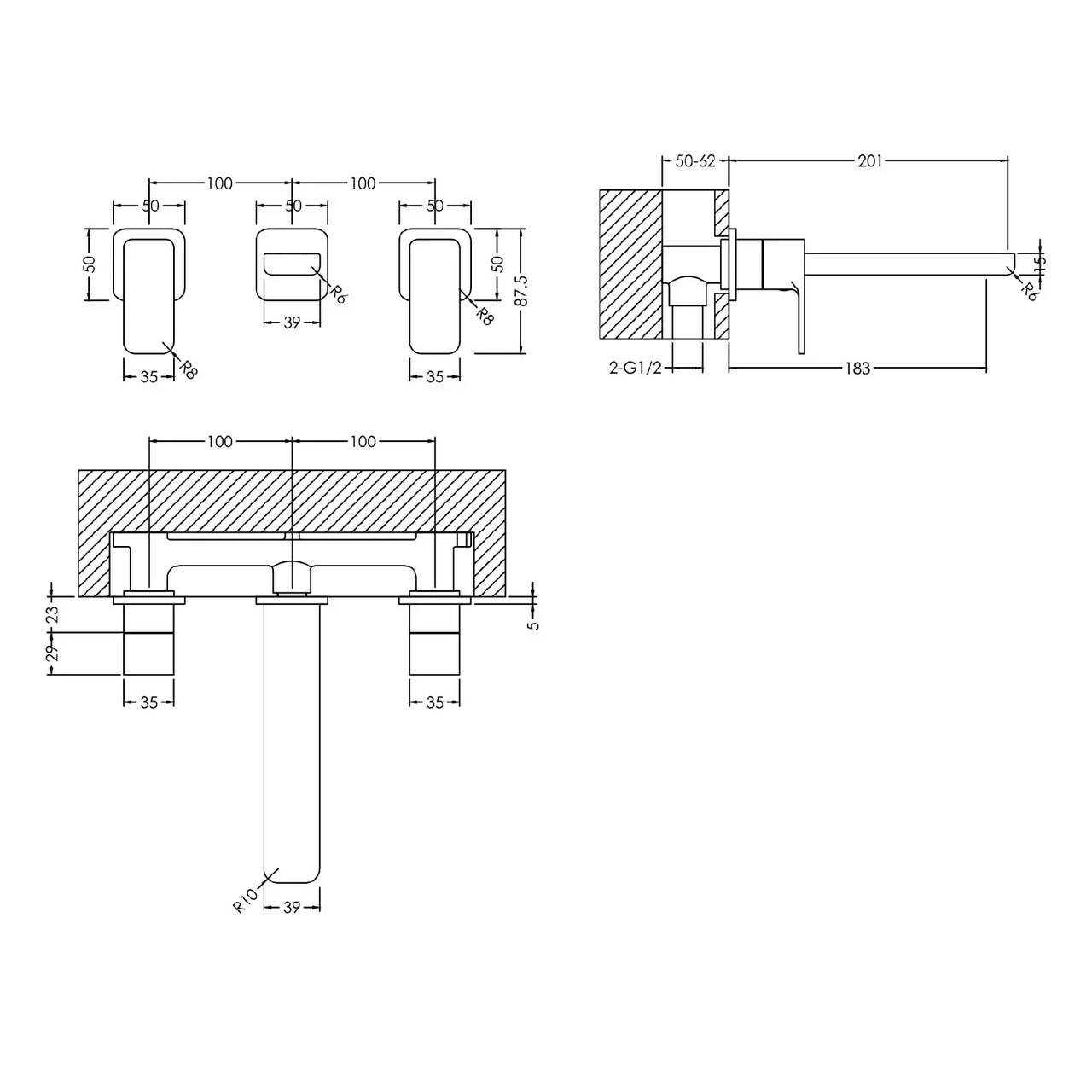Nuie Windon Polished Chrome Wall Mounted 3 Tap Hole Basin Mixer Tap - WIN317 - Image 2