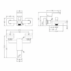 Nuie Windon Polished Chrome Wall Mounted Bath Shower Mixer Tap And Kit - WIN316 -Bathroom Products Sales Store nuie windon polished chrome wall mounted bath shower mixer tap and kit win316 line drawing 93315.1666714551