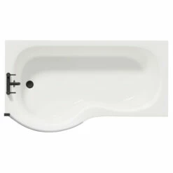 Plage 1500mm Left Hand P Shaped Shower Bath With Matt Black Bath Screen And White Acrylic Front Bath Panel
