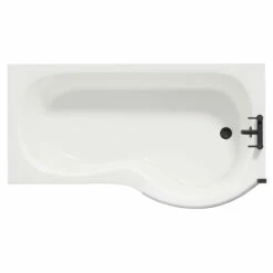Plage 1500mm Right Hand P Shaped Shower Bath With Matt Black Bath Screen And White Acrylic Front Bath Panel