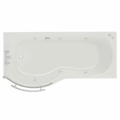 Plage 1700mm 6 Jet Chrome V-Tec Left Hand P Shaped Whirlpool Shower Bath With Towel Rail Bath Screen And Front Bath Panel