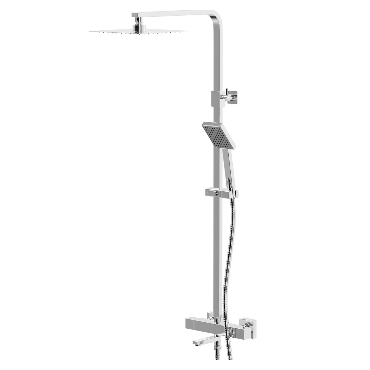 Polished Chrome Square Thermostatic Rigid Riser And Handset Shower System With Bath Spout