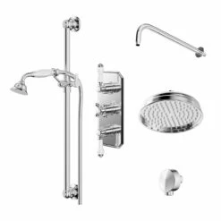 Windsor. Windsor Traditional Polished Chrome Concealed Triple Thermostatic Shower Valve And 210mm Round Fixed Head With Wall Arm And Slide Rail Kit With Round Elbow - 2 Outlet